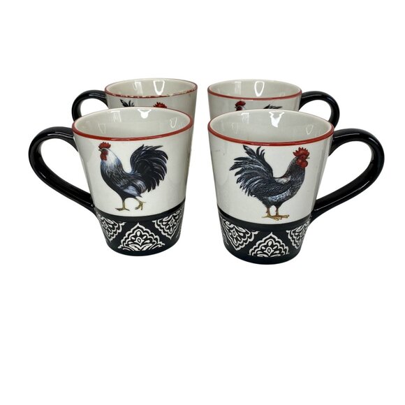 Cracker Barrel Rooster Coffee Mugs Set of 4 Black White Red Trim Ceramic - Picture 1 of 4
